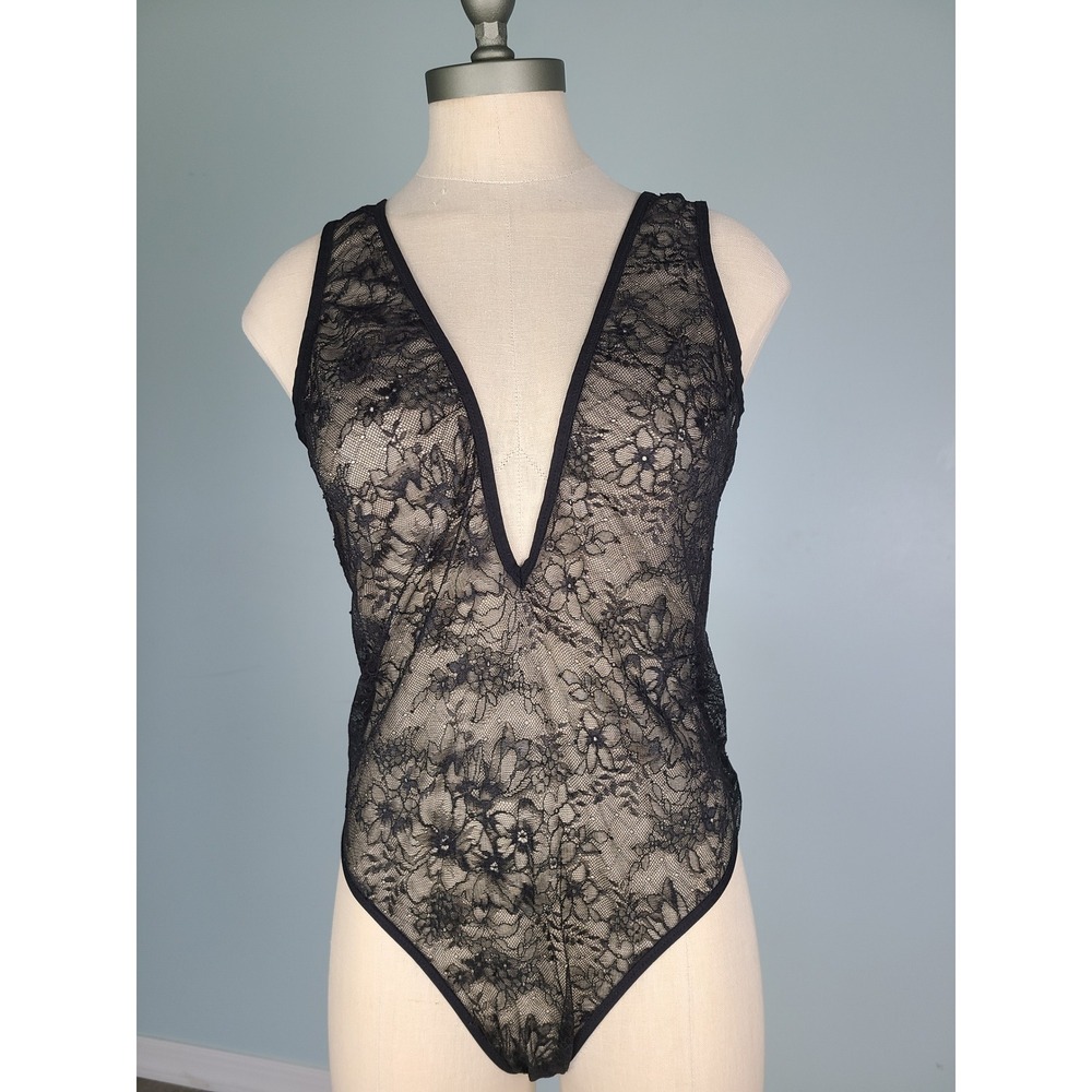 Victoria's Secret L Teddy Bodysuit Thong Sheer Black Lace Deep V Goth Rave Y2K